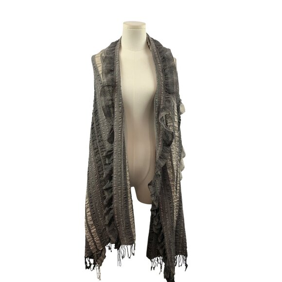ColdWater Creek Ruffled Gray & Beige Knit Scarf With Fringe - Picture 5 of 9